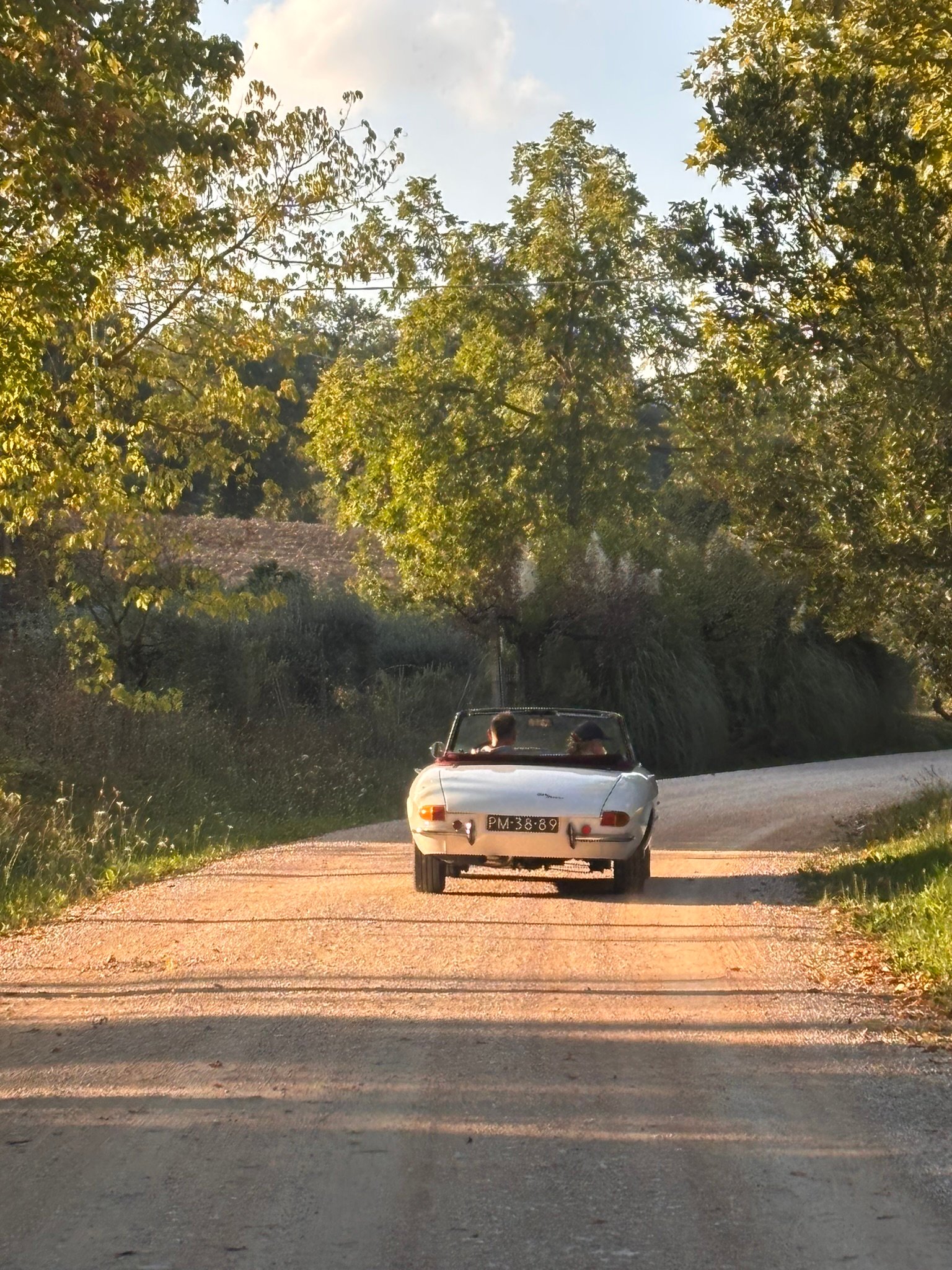 Alfa Romeo Duetto uit 1966 op een binnenweg bij het vakantiehuis, provincie Macerata